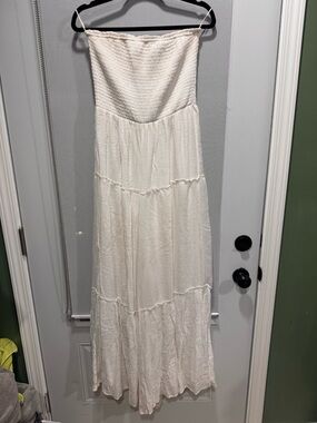 Pink Lily Cream Strapless Maxi Dress with Tiered Skirt